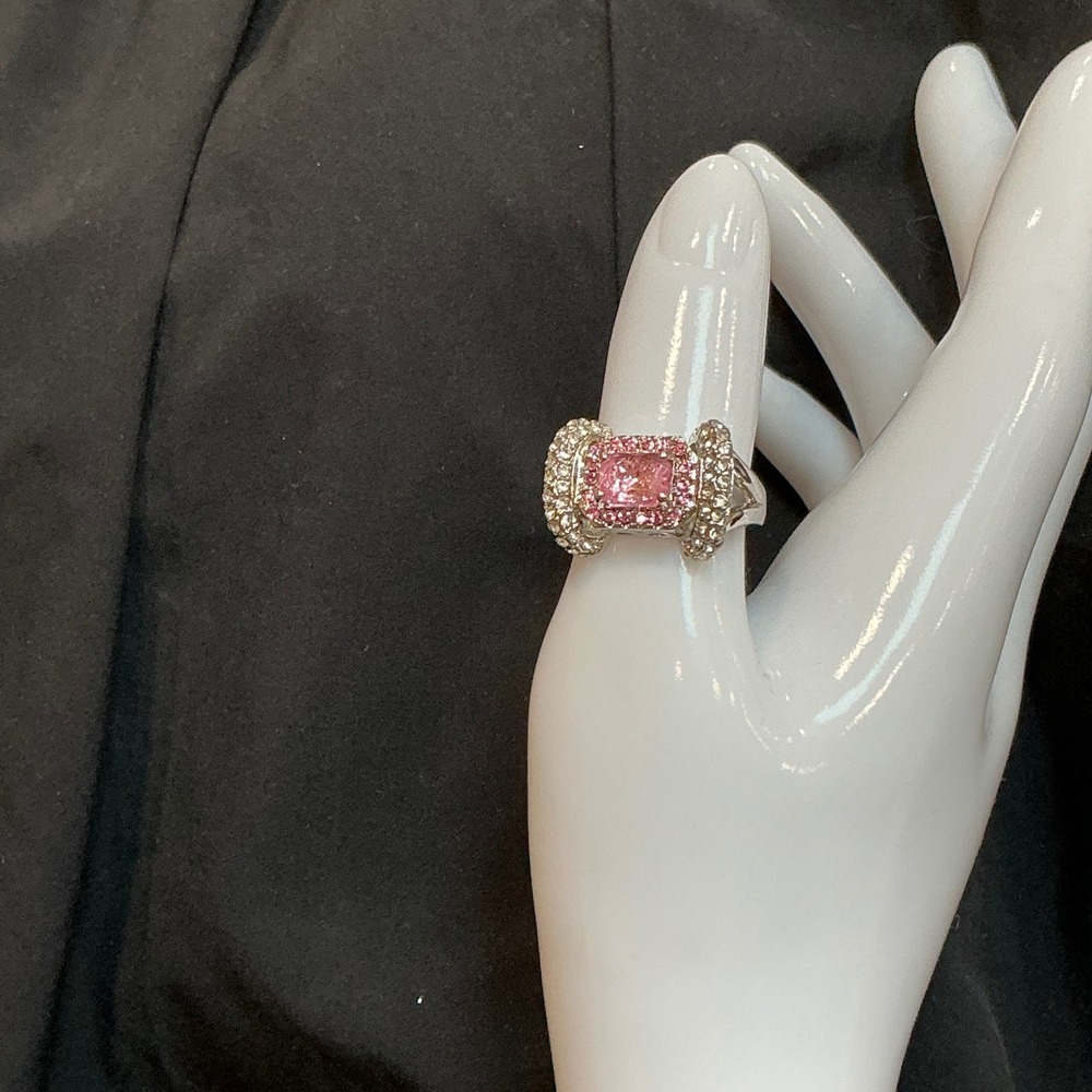 Costume Ring Size 7.5 Pink Ster. Silver .925 Emerald Cut Halo Cocktail Statement